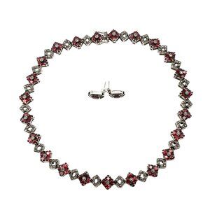 Vintage Sterling Silver Garnet Marcasite Necklace and Stud Earrings Set